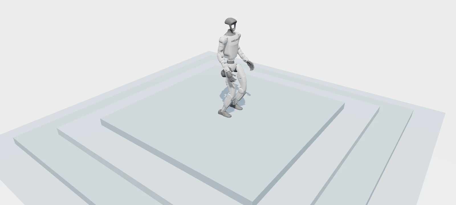 A silver G1 humanoid on stepped terrain in the NEXUS simulation